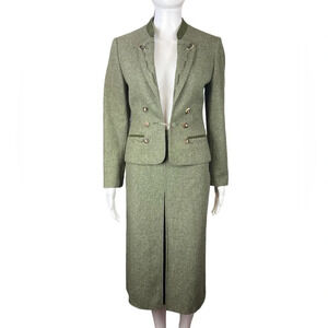 Vintage Lodenfrey Green German Austria Wool Cropped Military Jacket & Skirt Suit